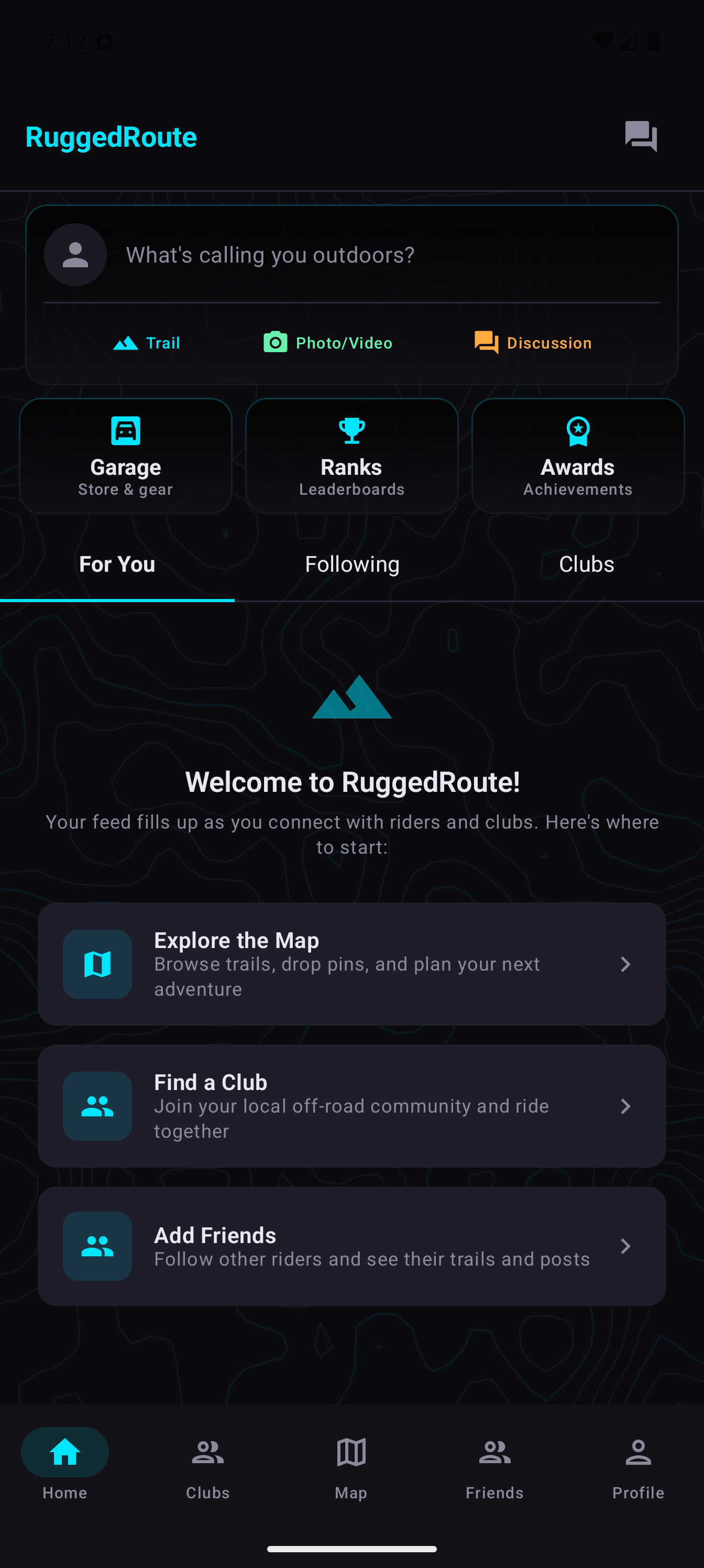 RuggedRoute app home feed with topographic background